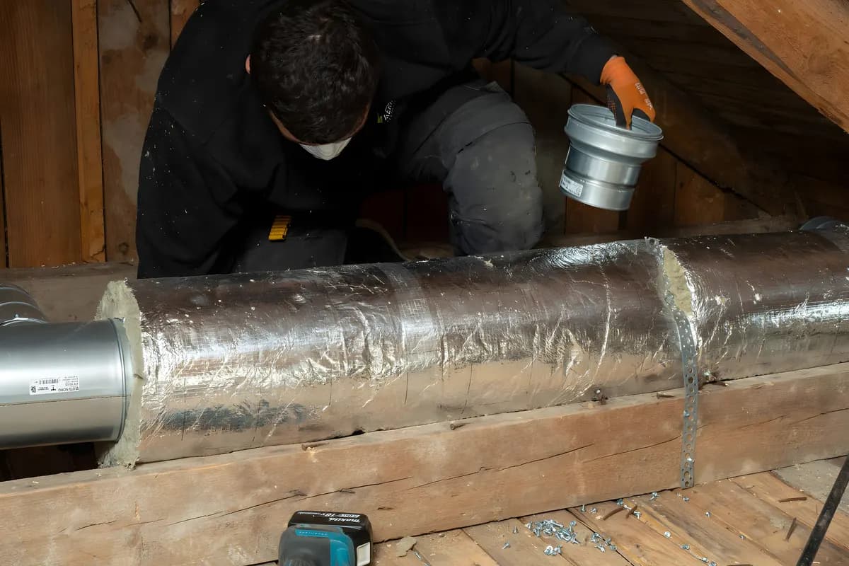 Ventilationstekniker som ansluter en kanaldel till ett FTX-system på en vind i Stockholm